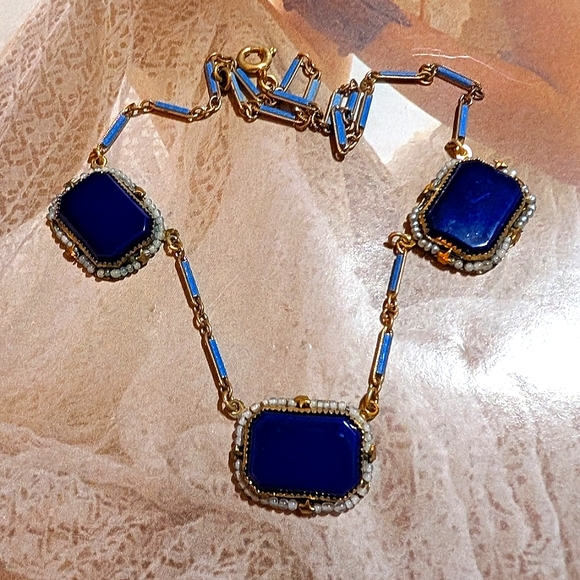 RARE Antique German Lapis Glass Seed Bead Necklace - Picture 7 of 7